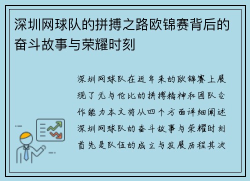 深圳网球队的拼搏之路欧锦赛背后的奋斗故事与荣耀时刻